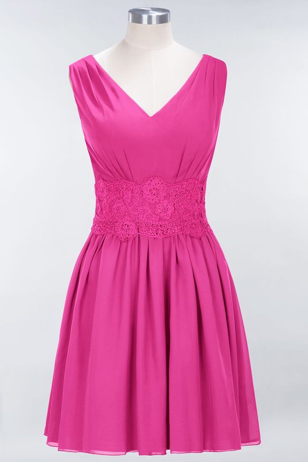 27prom Pretty V-Neck Short Sleeveless Lace Bridesmaid Dresses Online-27prom