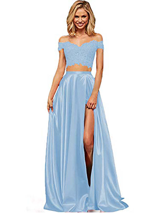 Off-the-Shoulder Two Pieces Prom Dress with Appliques and Slit