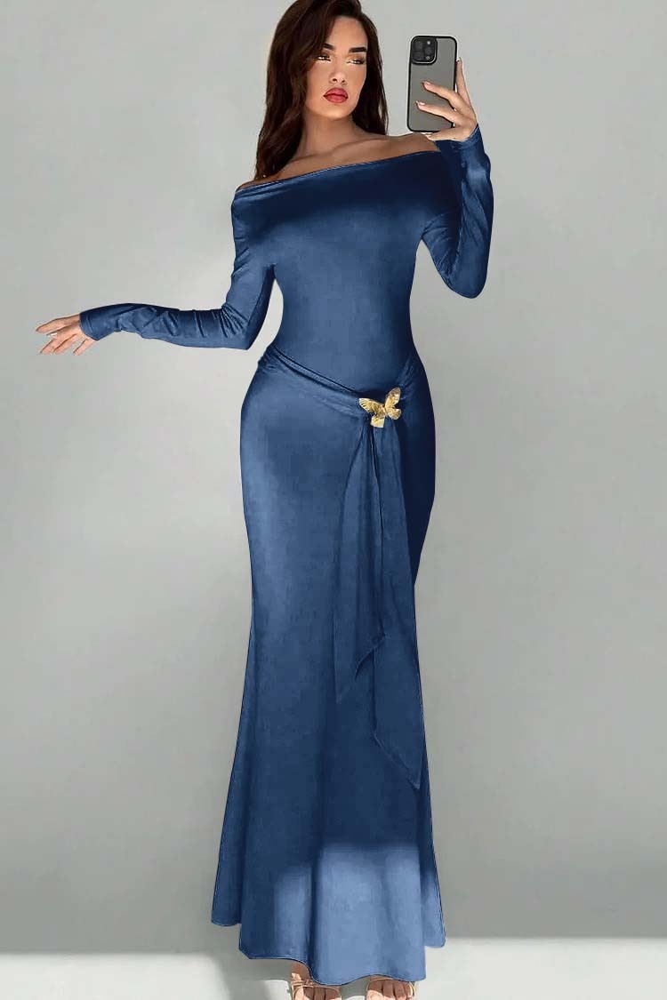 Off the Shoulder Long Sleeves Long Mermaid Prom Dress With Appliques