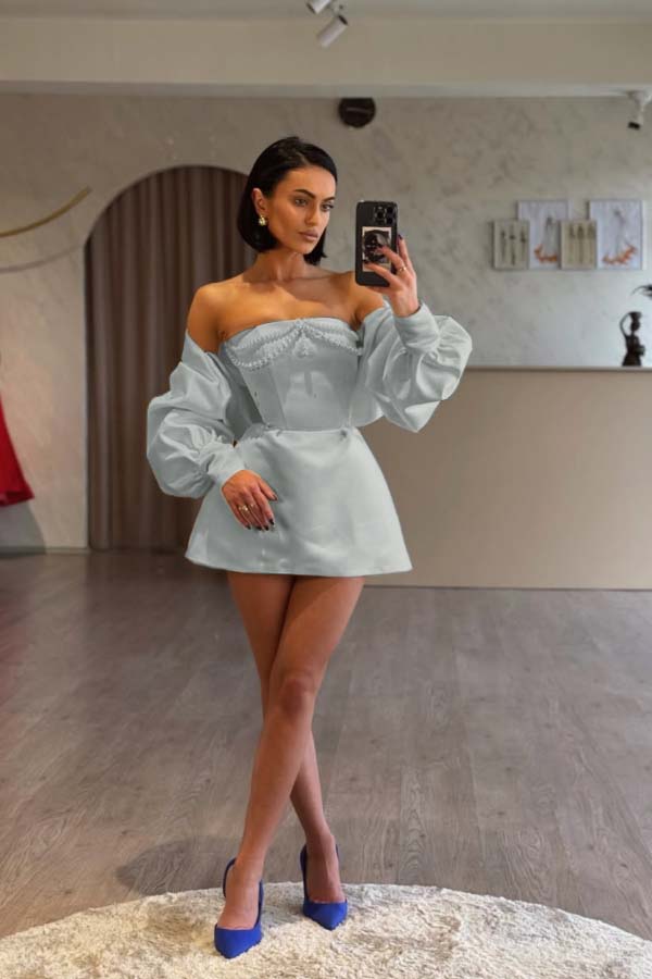 Spaghetti Strap Long Sleeves A Line Prom Dress With Beading