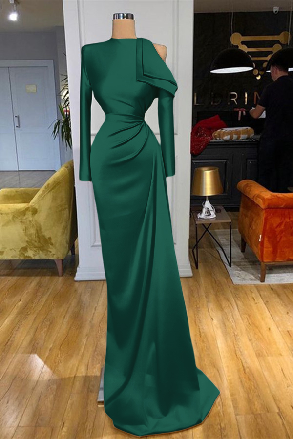Charming High Neck Champagne Prom Dress Mermaid Long Sleeves With Pleated