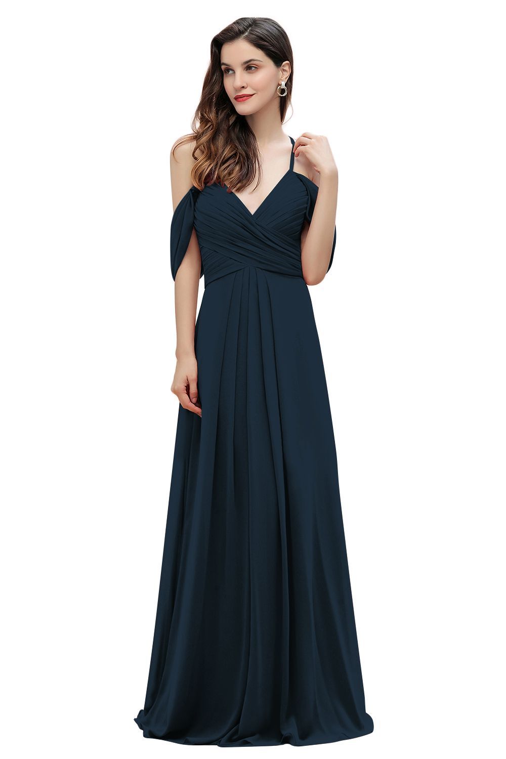 Elegant A-line Off-the-Shoulder V-neck Ruched Long Bridesmaid Dress-27prom