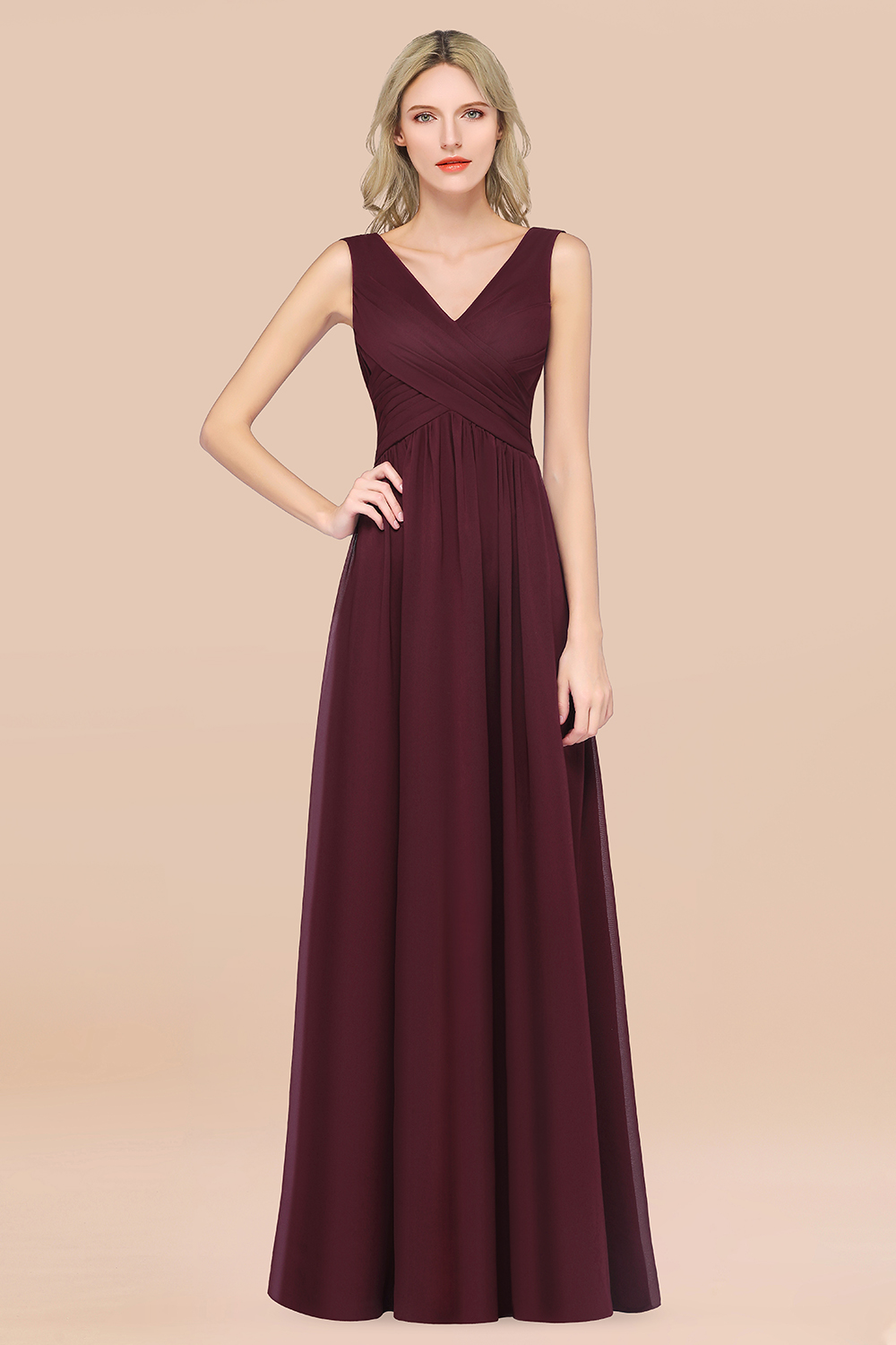 27prom Glamorous Chiffon V-Neck Sleeveless Burgundy Bridesmaid Dress with Draped Back-27prom