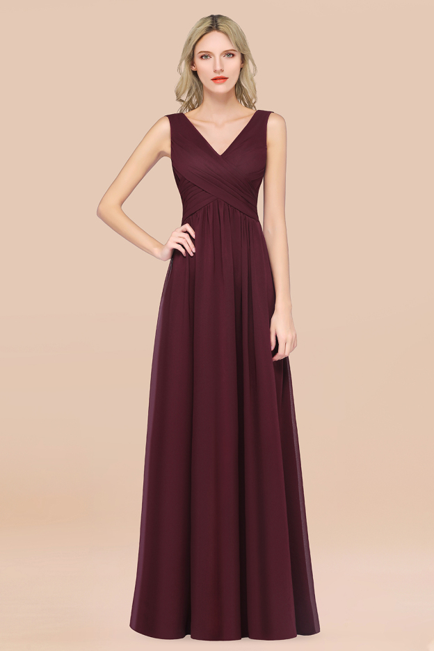 27prom Glamorous Chiffon V-Neck Sleeveless Burgundy Bridesmaid Dress with Draped Back-27prom