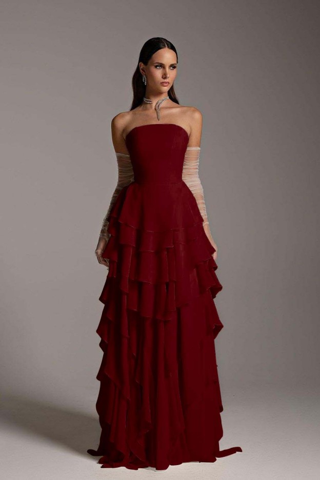 Charming Strapless Sleeveless Ruffles Long Prom Dress With Gloves