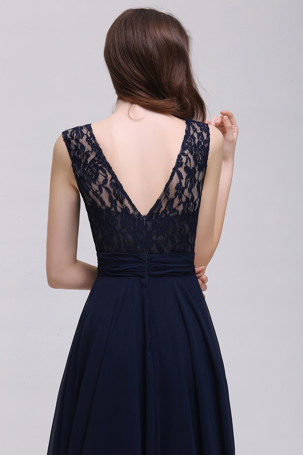 27prom Vintage Lace Scoop Sleeveless Dark Blue Bridesmaid Dress with V-Back-27prom