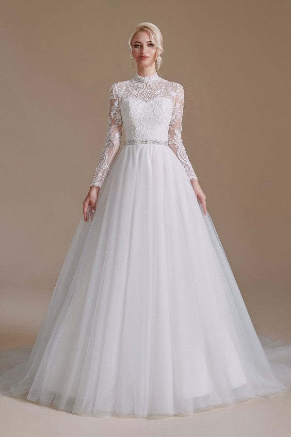 Modest A-Line High Neck Long Sleeve Wedding Dress with Tulle Lace