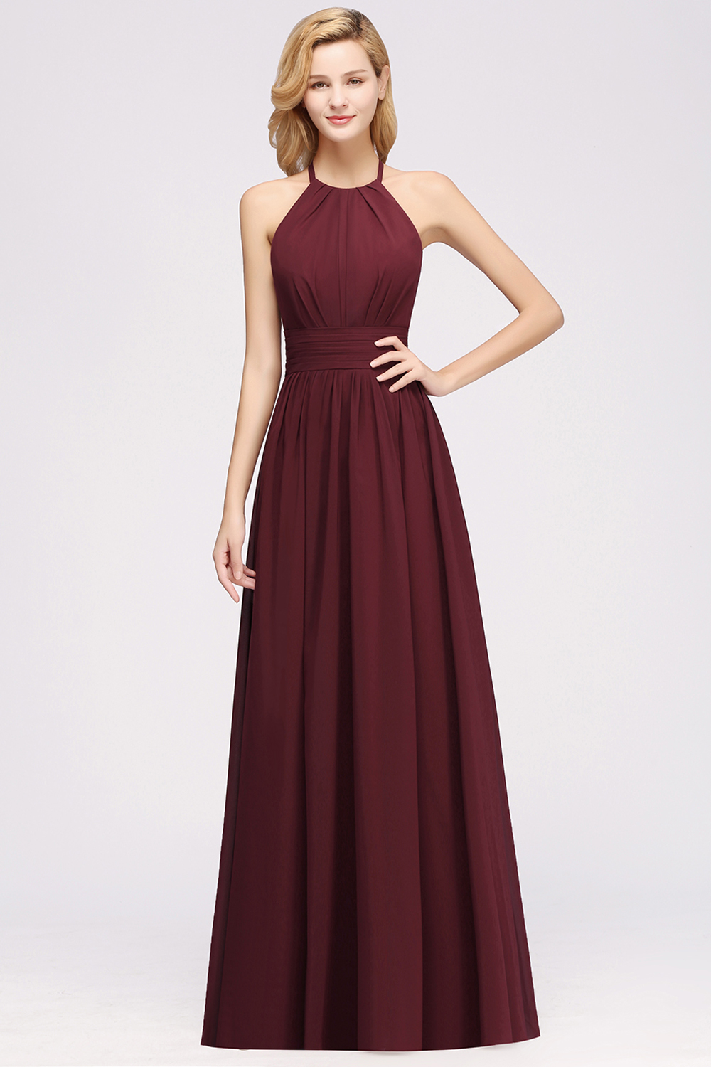 27prom Elegant High-Neck Halter Long Affordable Bridesmaid Dresses with Ruffles-27prom
