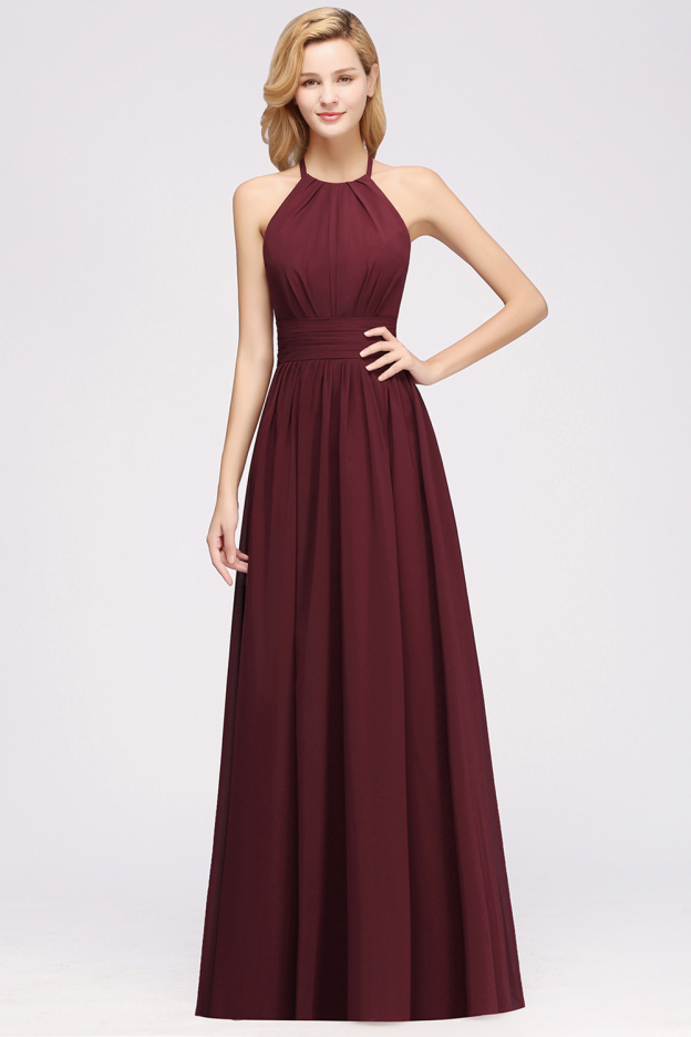 27prom Elegant High-Neck Halter Long Affordable Bridesmaid Dresses with Ruffles-27prom