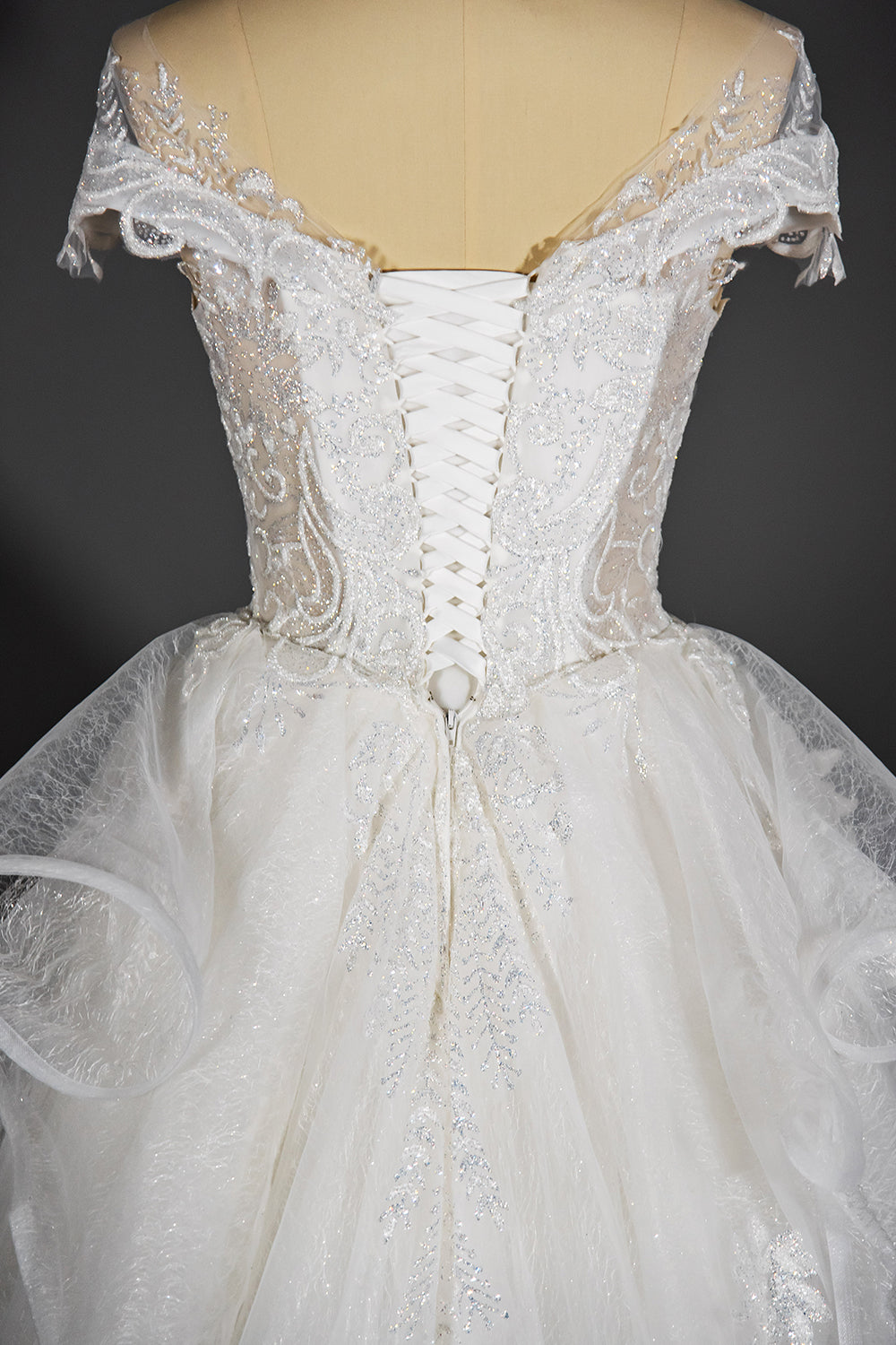 Sequined Short Sleeve Appliqued Ball Gown Wedding Dress with Tulle Ruffles