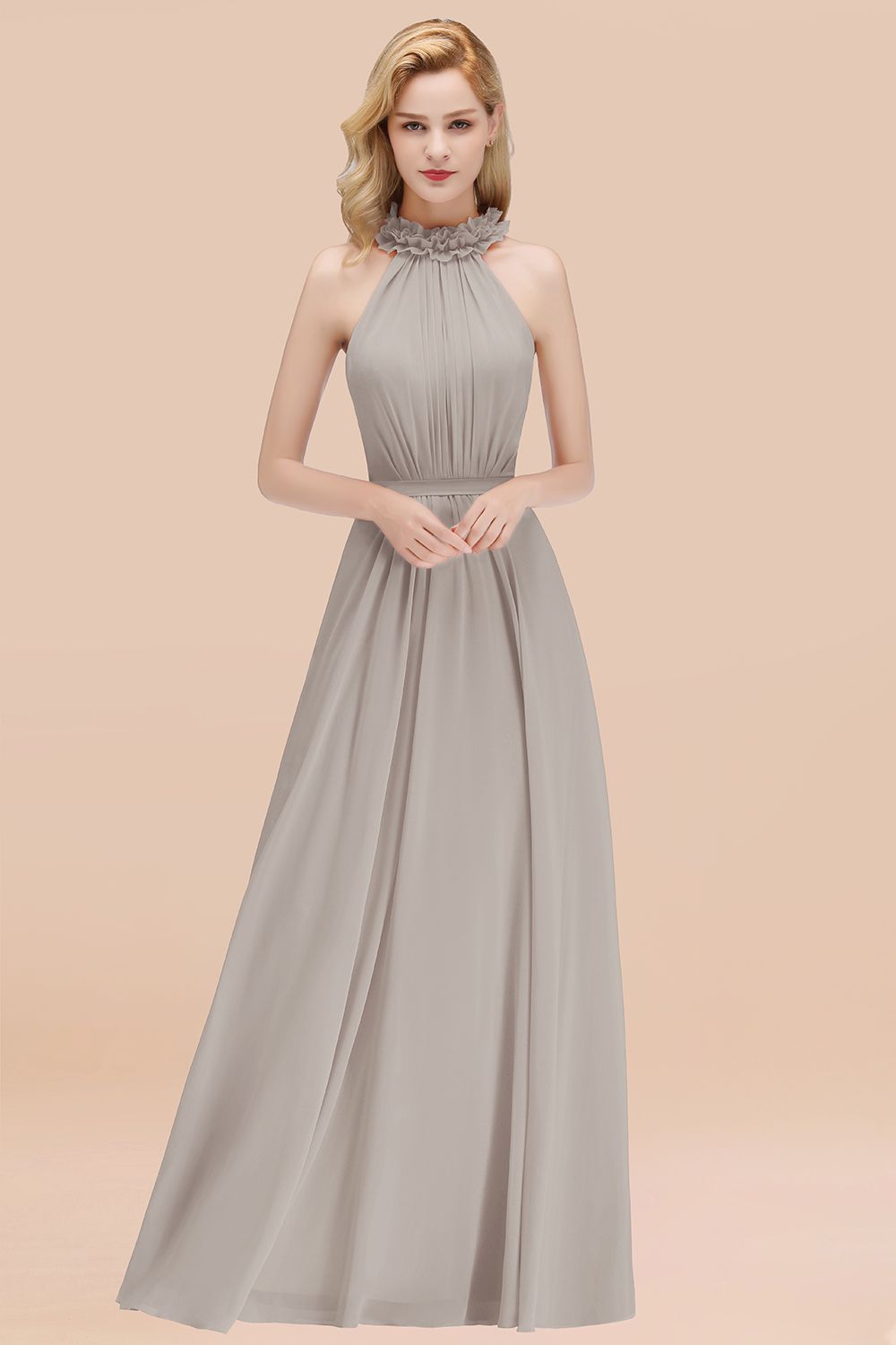 27prom Modest High-Neck Halter Ruffle Chiffon Bridesmaid Dresses Affordable-27prom