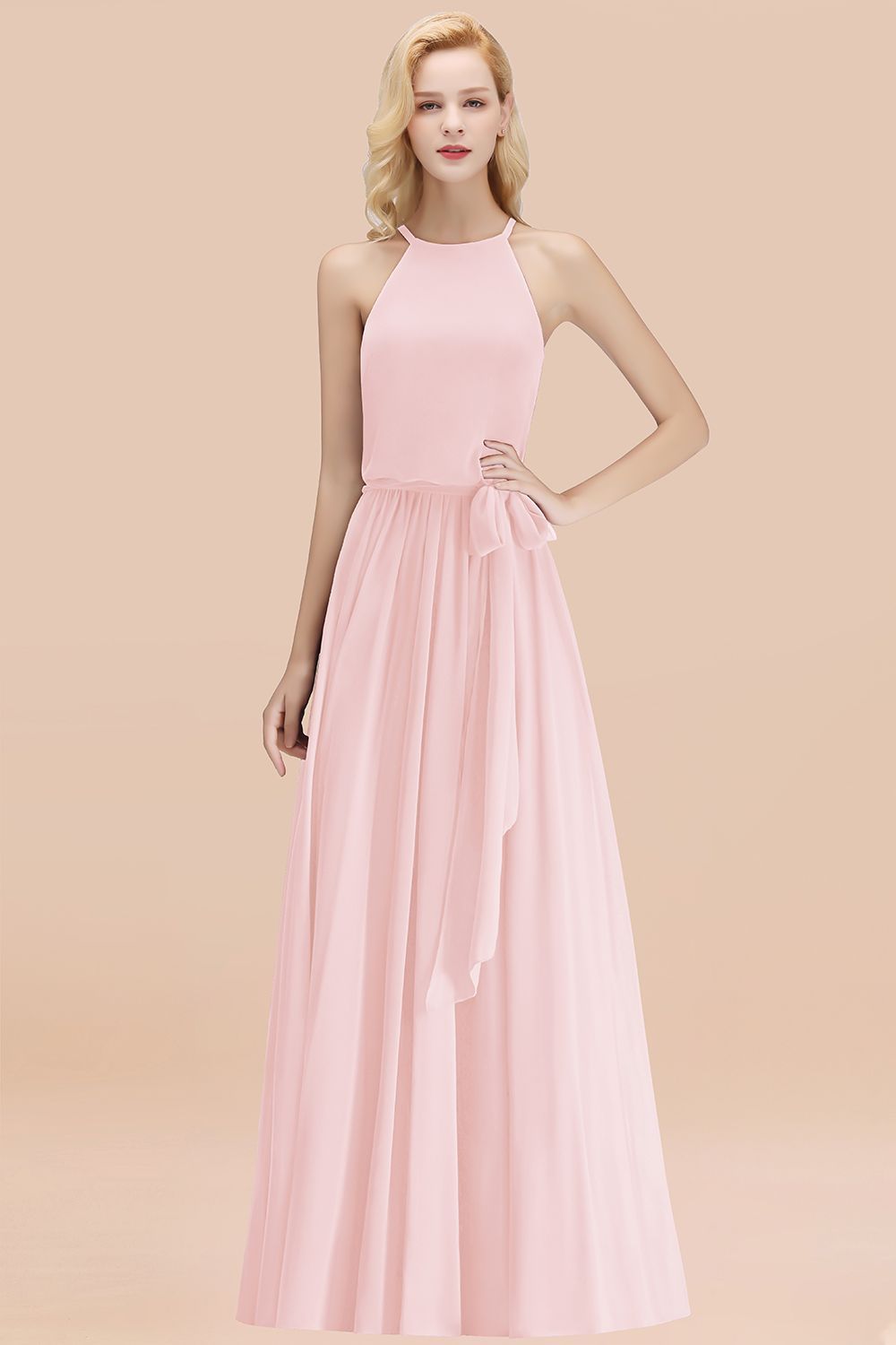 27prom Affordable Halter Bow Long Bridesmaid Dress Modest Burgundy Chiffon Wedding Party Dress-27prom