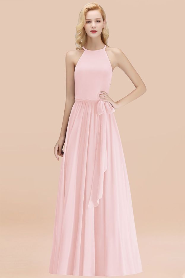 27prom Affordable Halter Bow Long Bridesmaid Dress Modest Burgundy Chiffon Wedding Party Dress-27prom