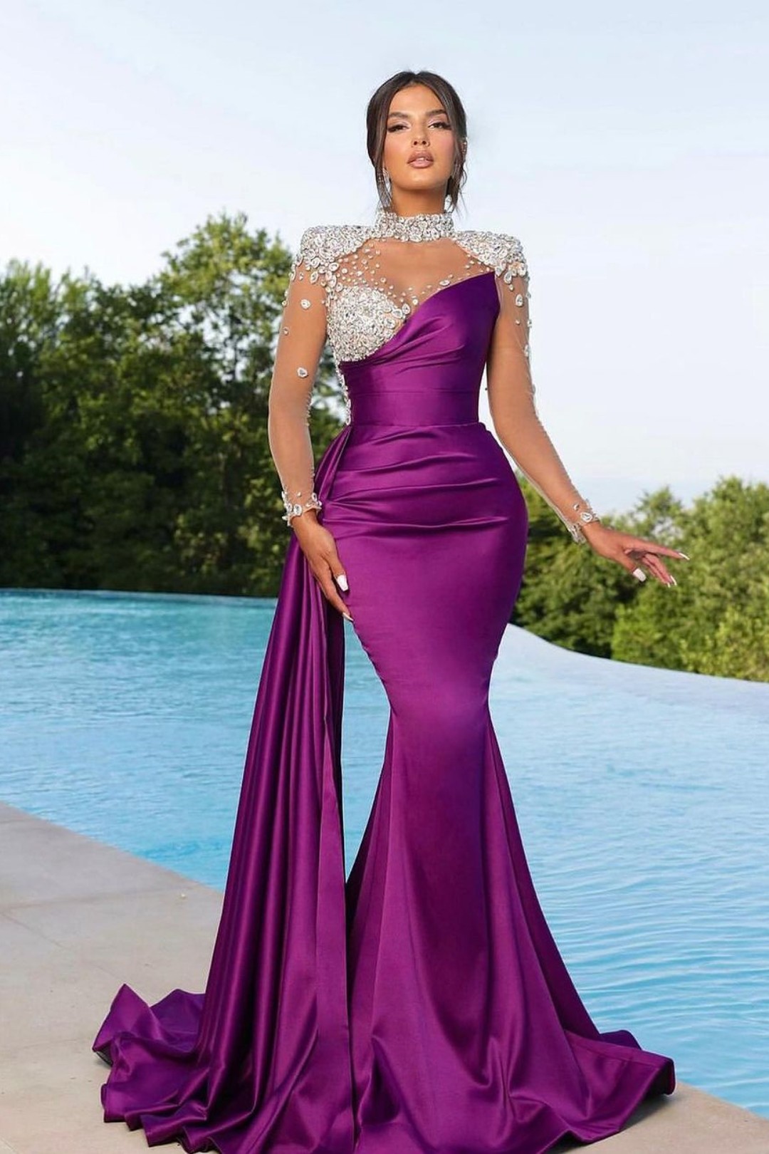 Prom Dress Long Mermaid Satin With Trail Beadings Long Sleeves Purple