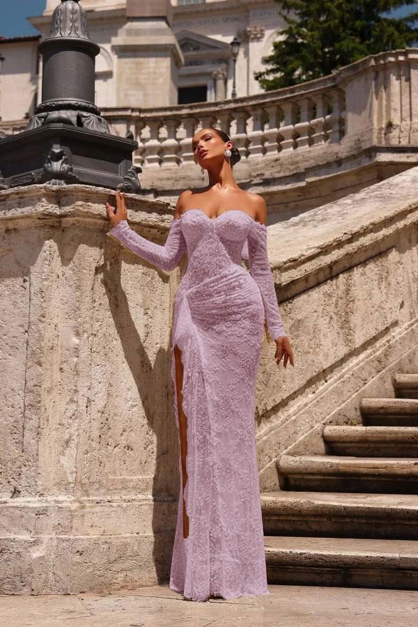 Off the Shoulder Long Sleeves Long Mermaid Prom Dress With Lace Appliques