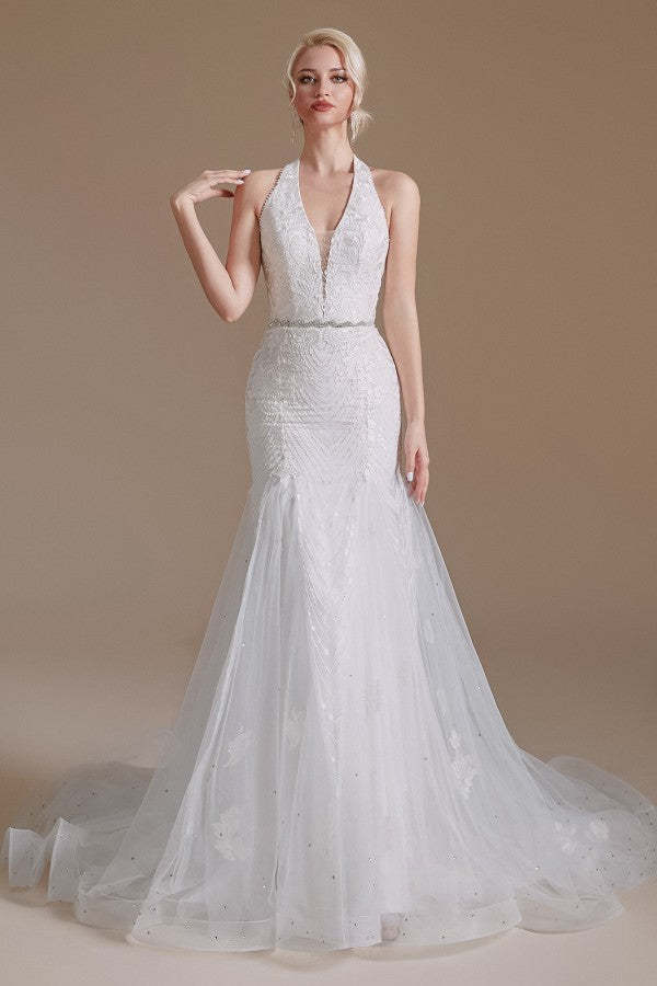 Elegant Long Mermaid Halter Tulle Floor-Length Wedding Dress with Lace Appliques