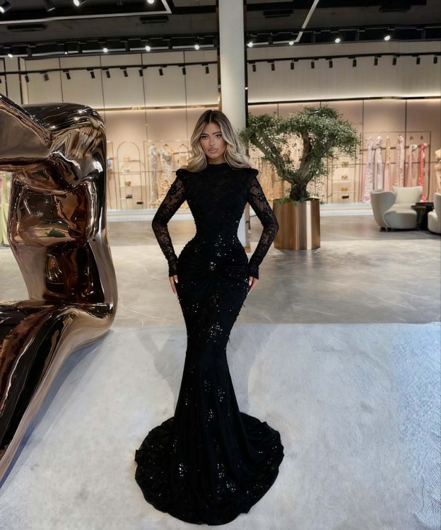 High Neck Long Sleeves Long Mermaid Prom Dress With Beading Pleated