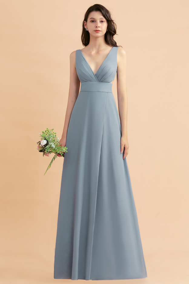 27prom A-Line Dusty Blue Chiffon Ruffles Bridesmaid Dress with Slit-27prom