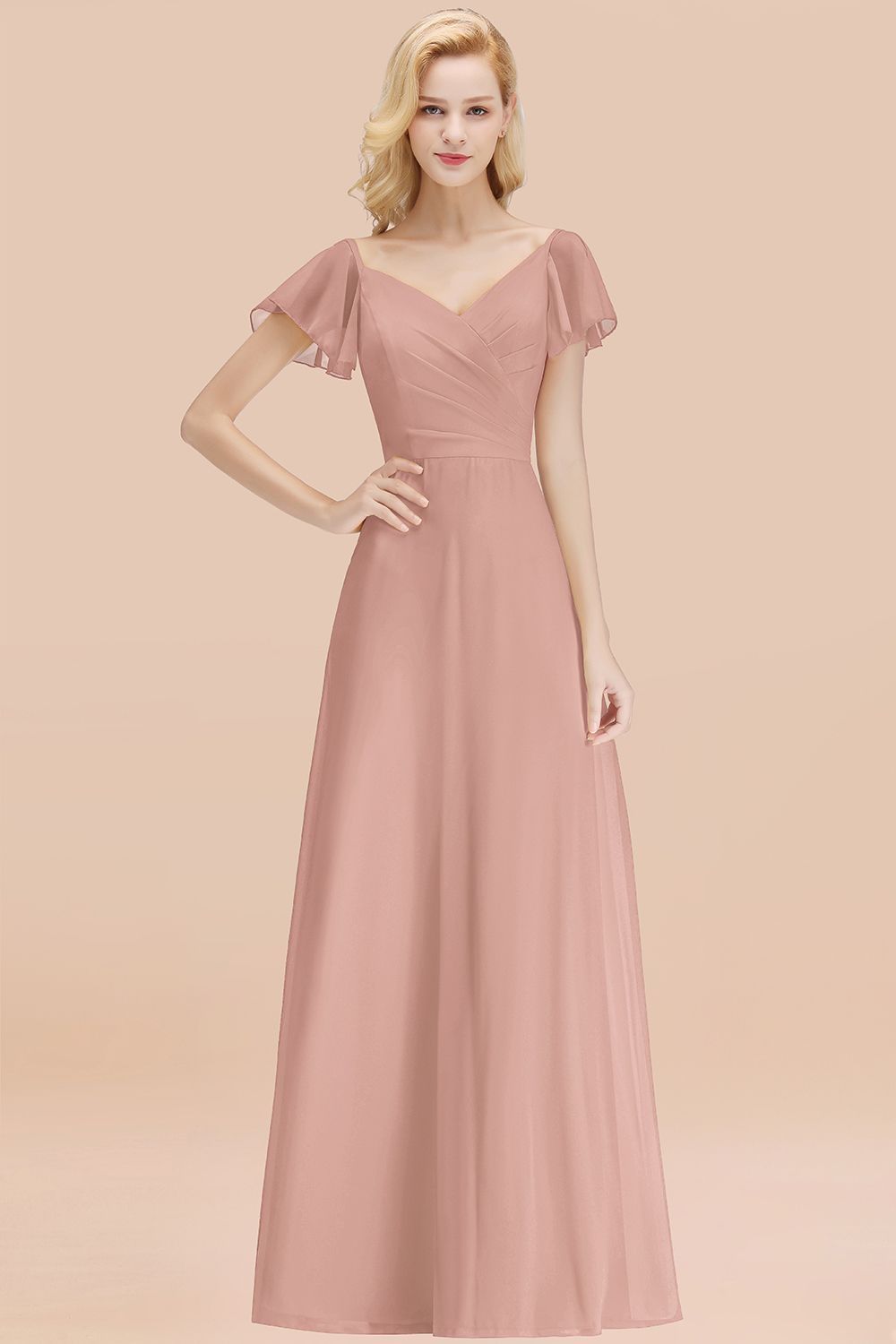 27prom Elegent Short-Sleeve Long Bridesmaid Dress Online Yellow Chiffon Wedding Party Dress-27prom