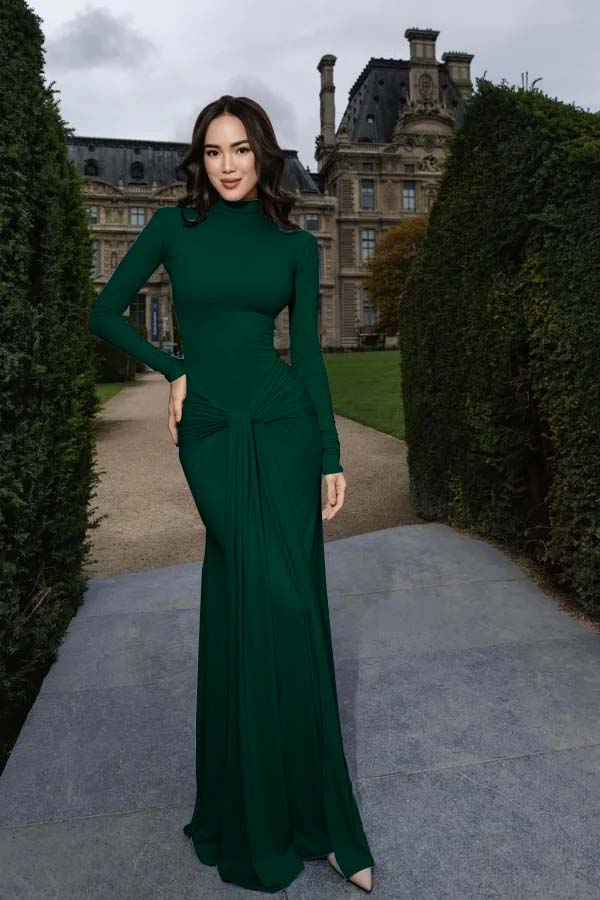 High Neck Long Sleeves Long Mermaid Prom Dress With Pleated