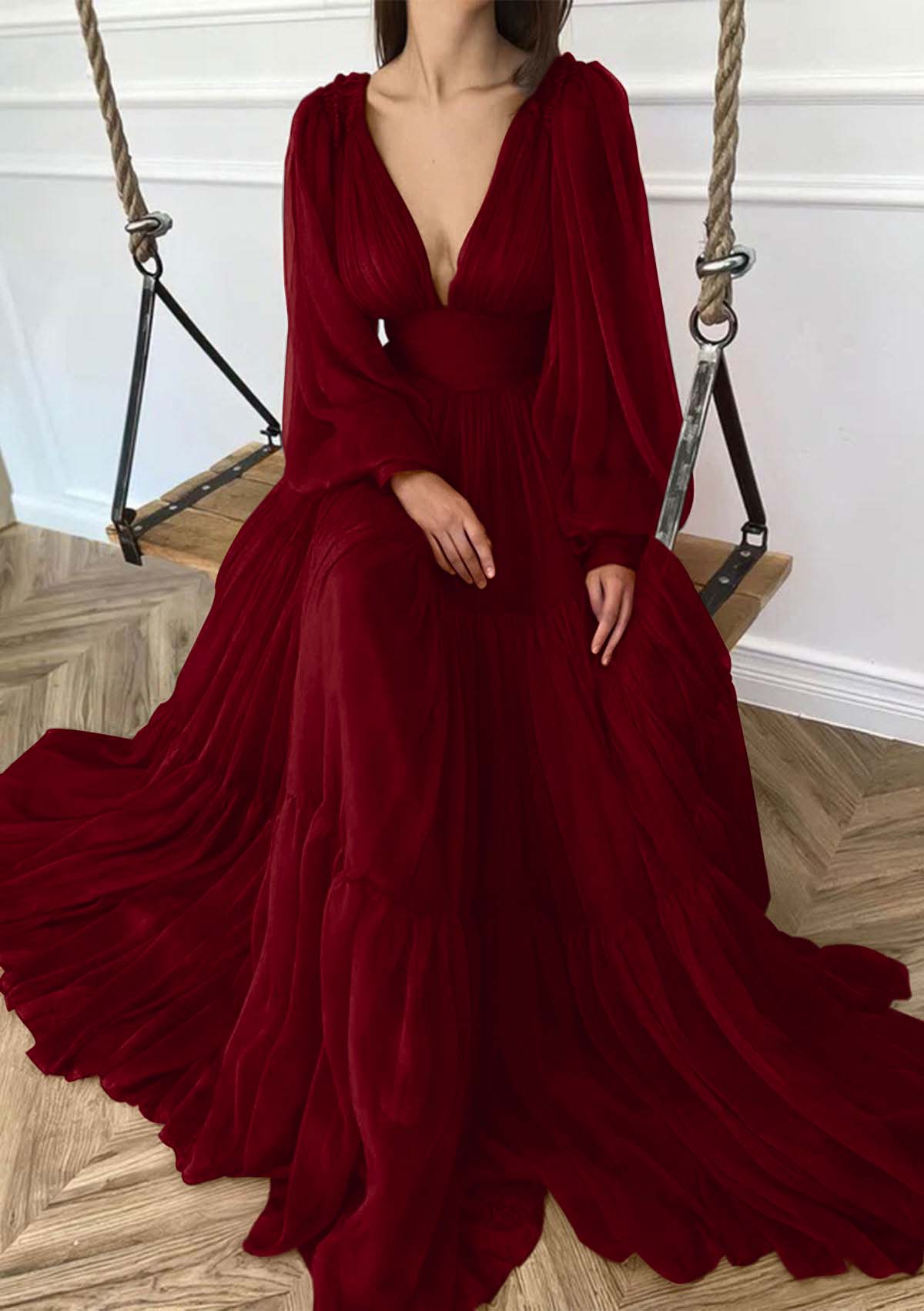 Deep V Neck Long Sleeves High Waist Long Prom Dress With Ruffles