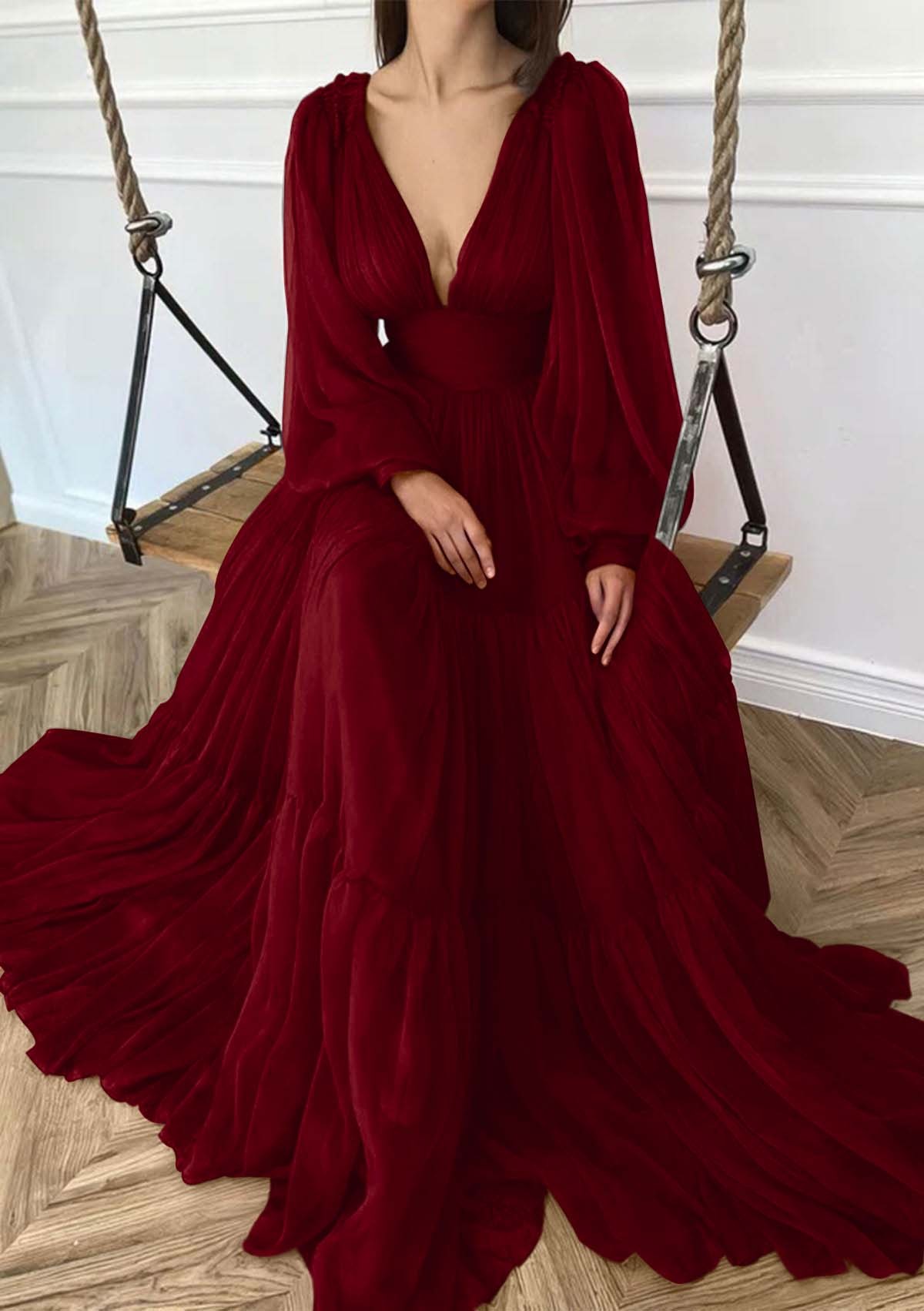 Deep V Neck Long Sleeves High Waist Long Prom Dress With Ruffles