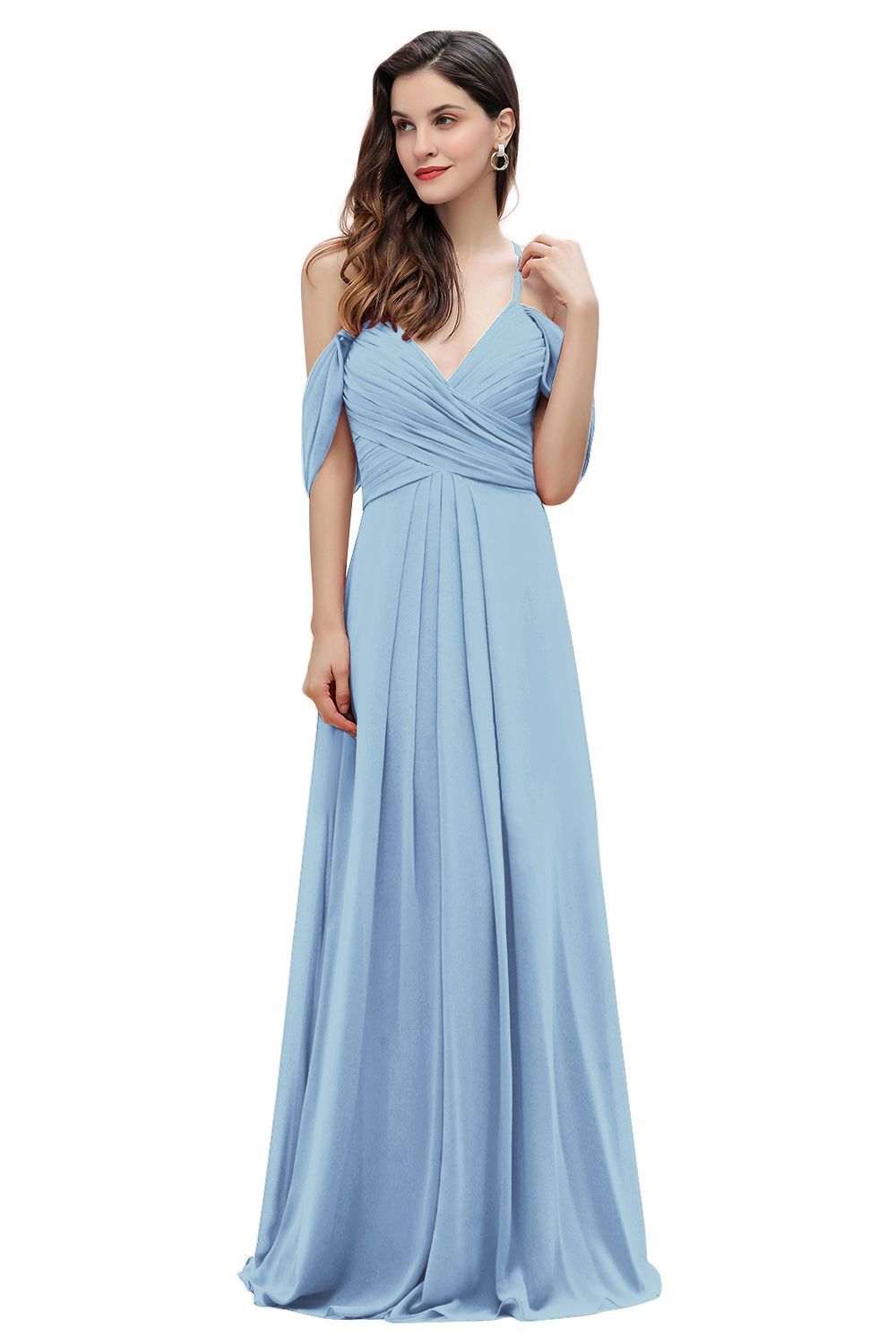 Elegant A-line Off-the-Shoulder V-neck Ruched Long Bridesmaid Dress-27prom