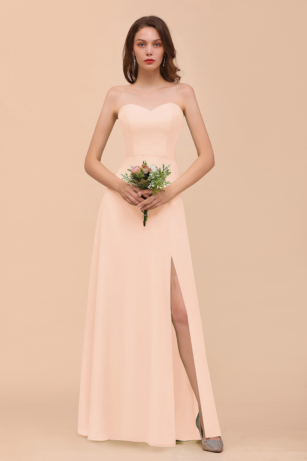 27prom Affordable Strapless Front Slit Long Dusty Sage Bridesmaid Dress-27prom