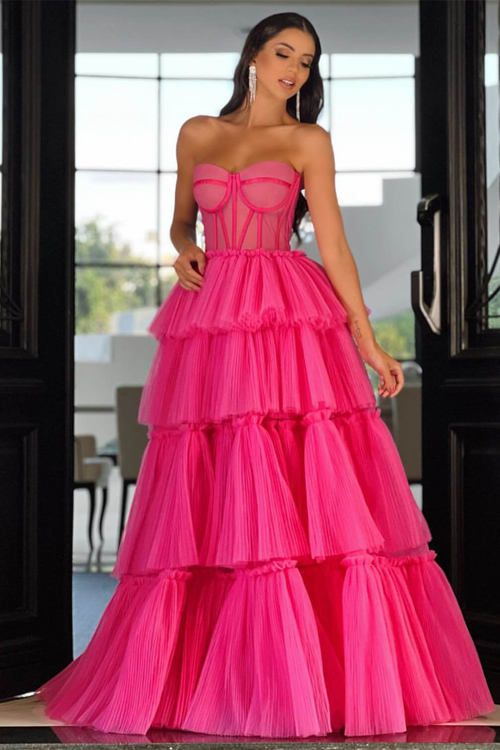 Elegant Sweetheart Strapless Prom Dress Long Sleeveless Layers Hot Pink