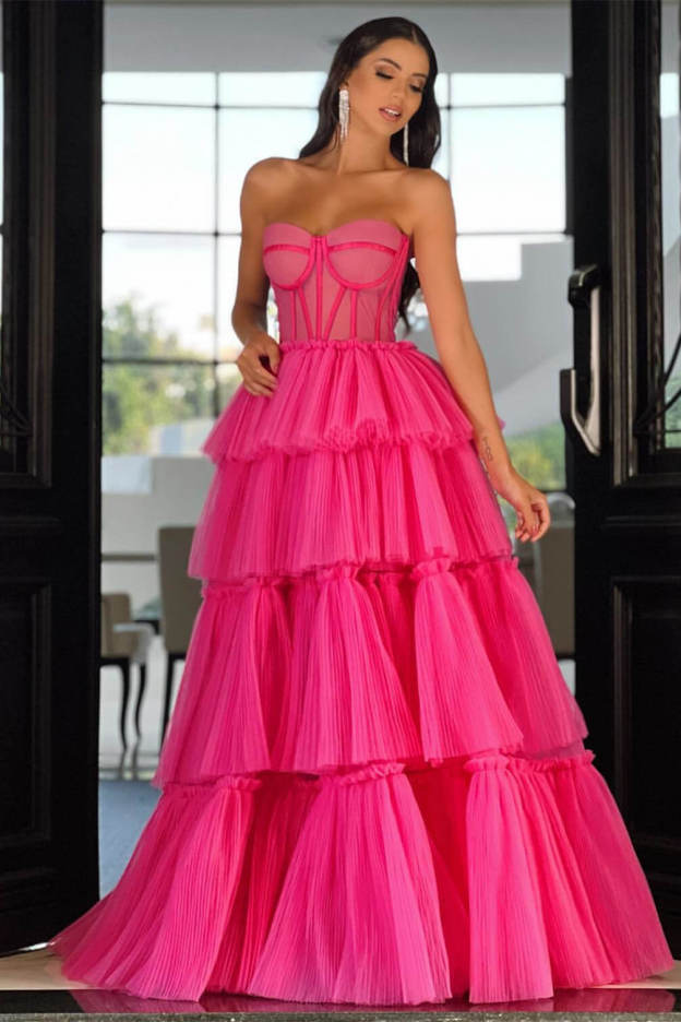 Elegant Sweetheart Strapless Prom Dress Long Sleeveless Layers Hot Pink