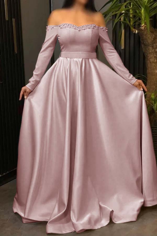 Off the Shoulder Long Sleeves Long Prom Dress With Pleated Beading