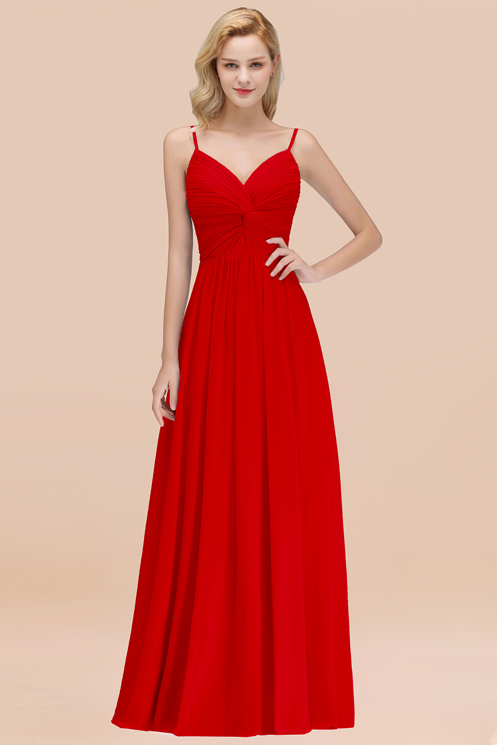 27prom Chic V-Neck Pleated Backless Bridesmaid Dresses with Spaghetti Straps-27prom