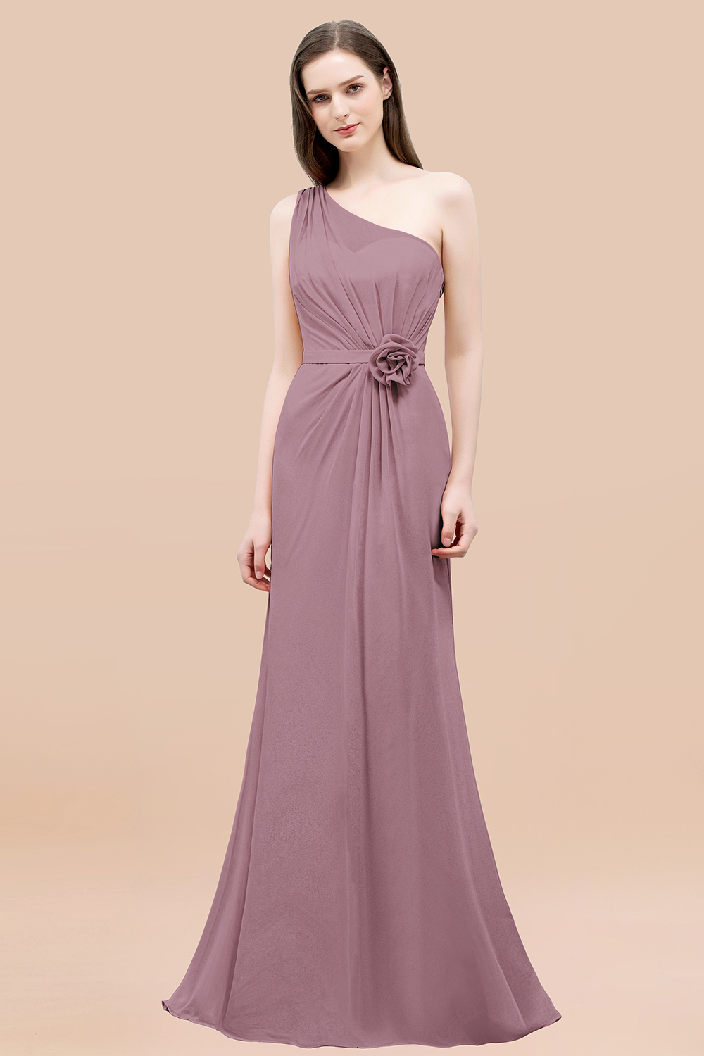 27prom Affordable Mermaid One shoulder Pink Bridesmaid Dresses with Flowers-27prom