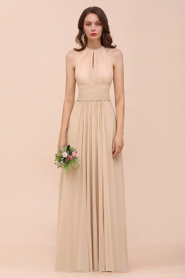 27prom Elegant Chiffon Jewel Ruffle Champagne Affordable Bridesmaid Dress Online-27prom