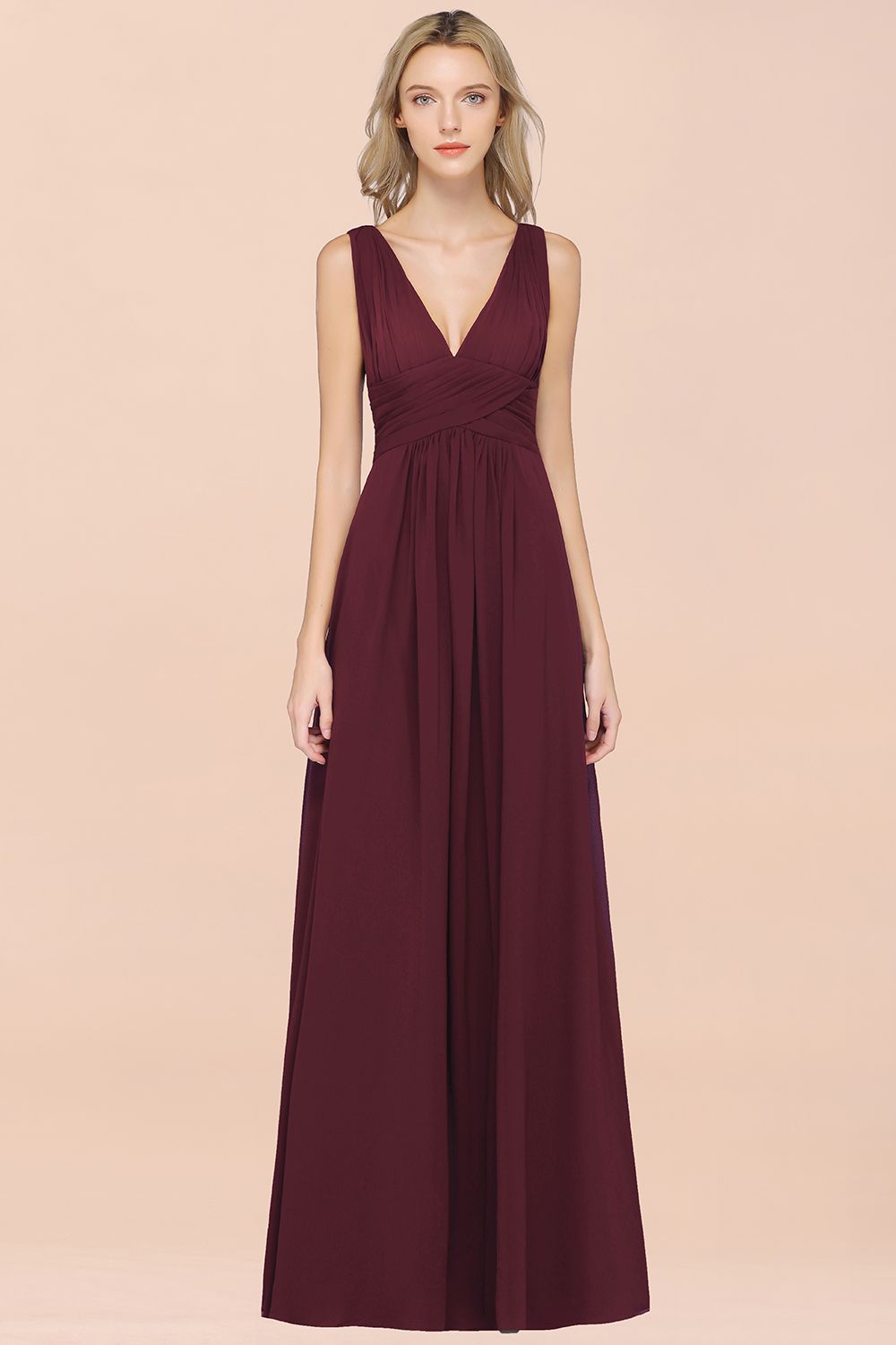 27prom Elegant V-Neck Burgundy Chiffon Affordable Bridesmaid Dress with Ruffle-27prom