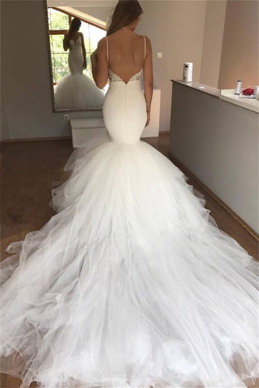 Spaghetti Strap Long Mermaid Wedding Dress with Appliques