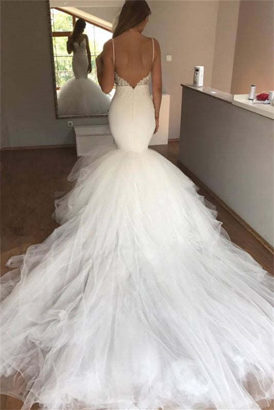 Spaghetti Strap Long Mermaid Wedding Dress with Appliques