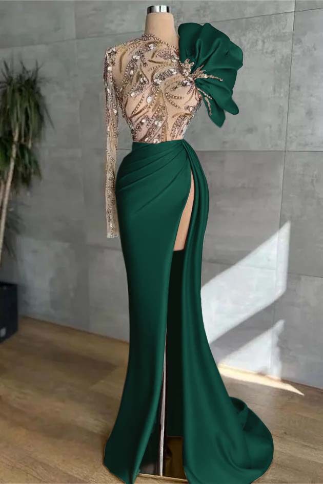 Long Sleeves Long Mermaid Prom Dress With High Split Appliques
