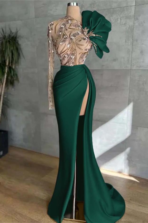 Long Sleeves Long Mermaid Prom Dress With High Split Appliques