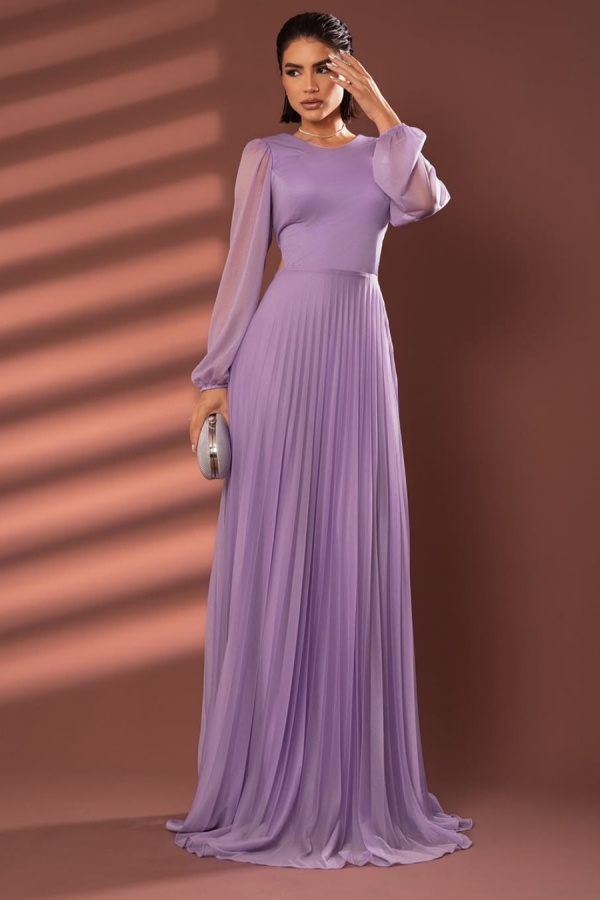 Chiffon Jewel Neck Long Sleeves Long Prom Dress With Pleated
