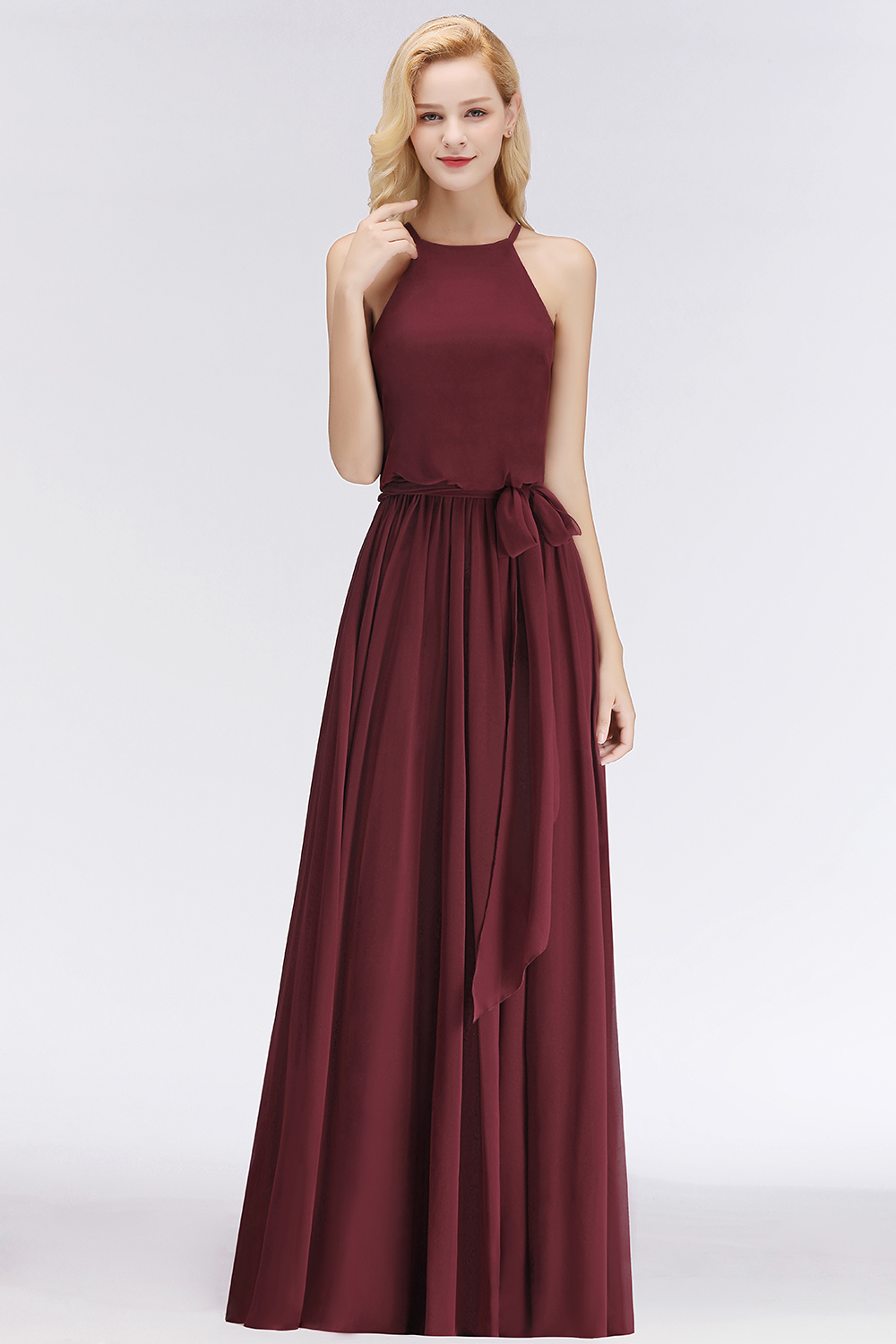 27prom Affordable Halter Bow Long Bridesmaid Dress Modest Burgundy Chiffon Wedding Party Dress-27prom