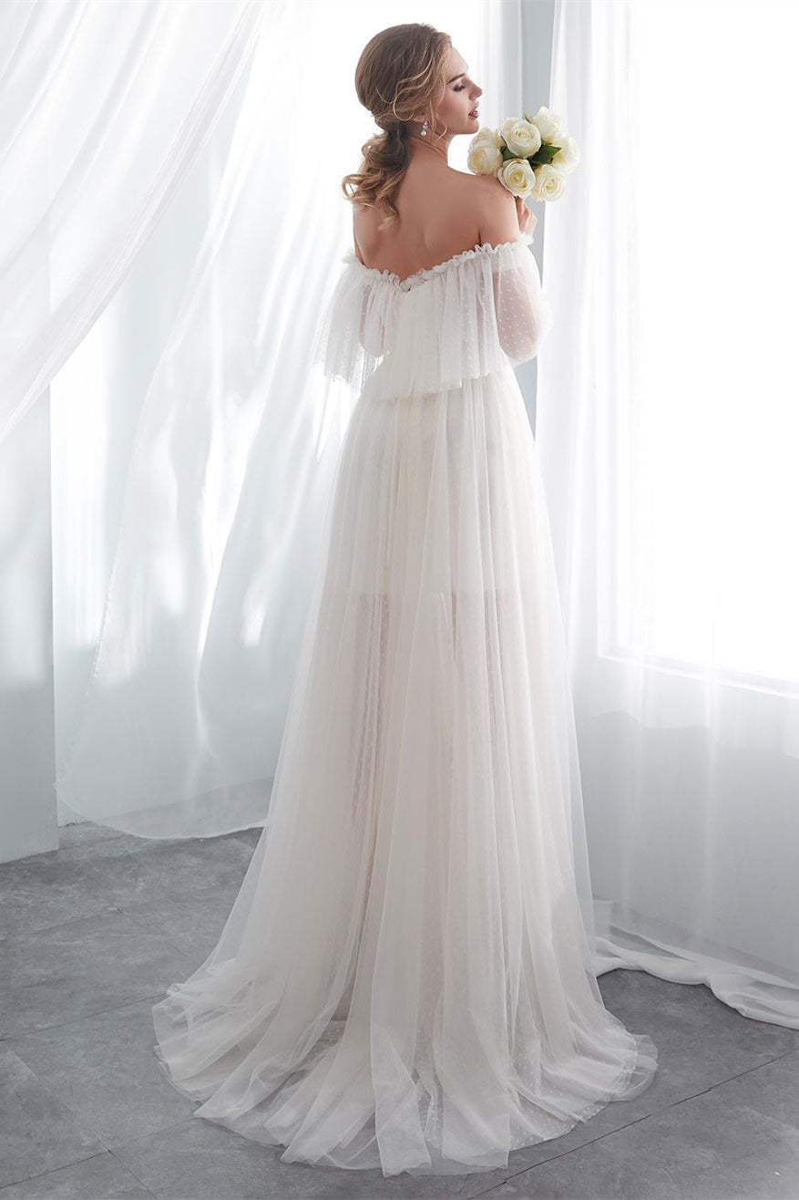 Off-the-Shoulder Tulle Beach Wedding Dress