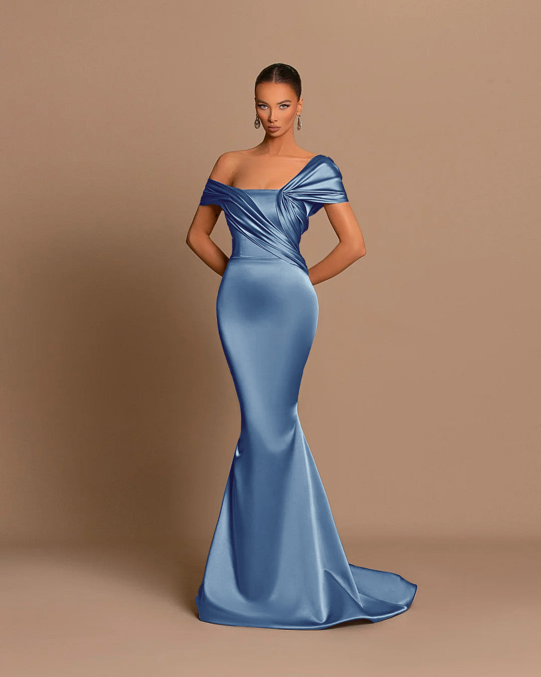 Grey Off-The-Shoulder Evening Dress Bateau Pleated Ball Gown