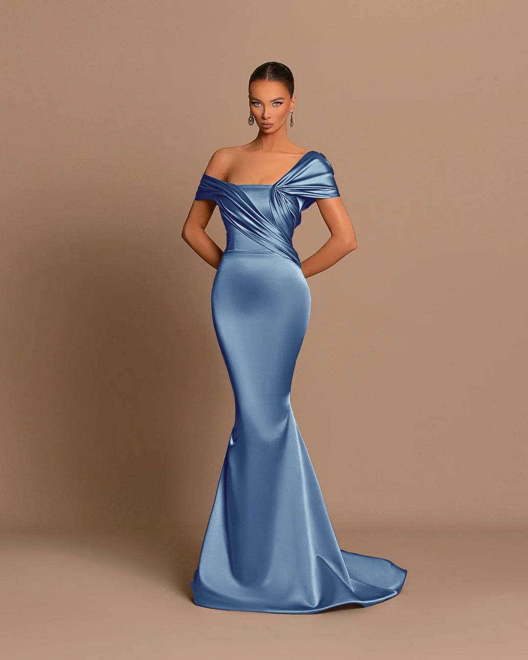 Grey Off-The-Shoulder Evening Dress Bateau Pleated Ball Gown