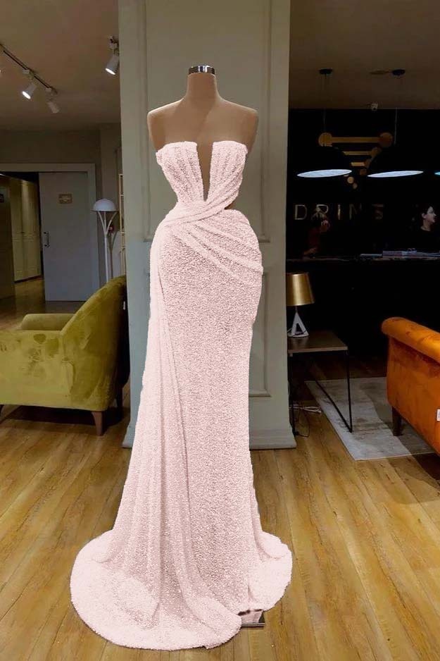 Sequins Sleeveless Gorgeous White Strapless Prom Dress With Pleated Online