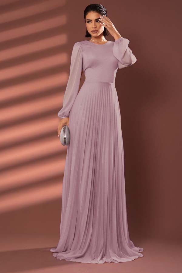 Chiffon Jewel Neck Long Sleeves Long Prom Dress With Pleated