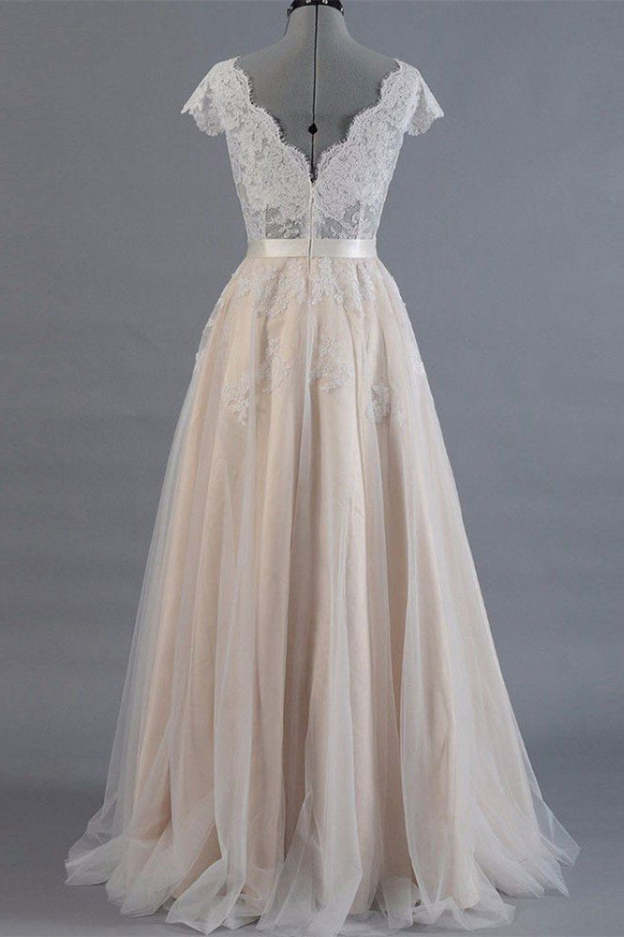 Short Sleeve Lace Long Wedding Dress