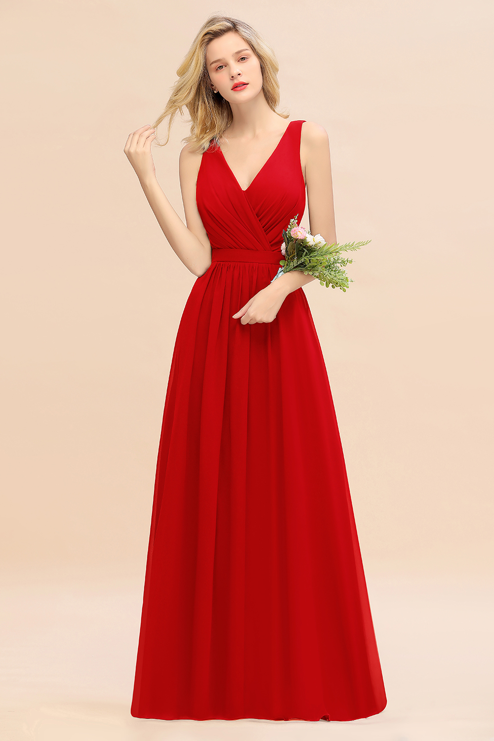 27prom Affordable V-Neck Ruffle Long Grape Chiffon Bridesmaid Dress with Bow-27prom