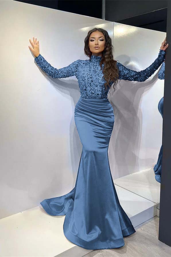 Classic Red Long Mermaid Prom Dress Pleated With Long Sleeves