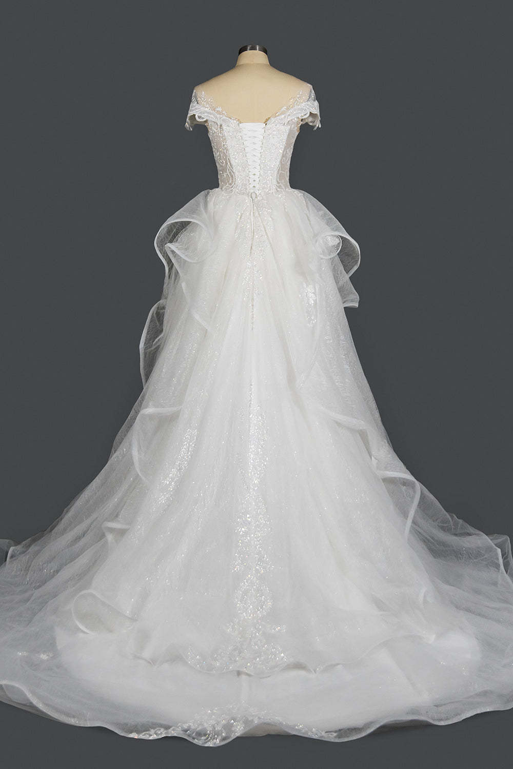 Sequined Short Sleeve Appliqued Ball Gown Wedding Dress with Tulle Ruffles